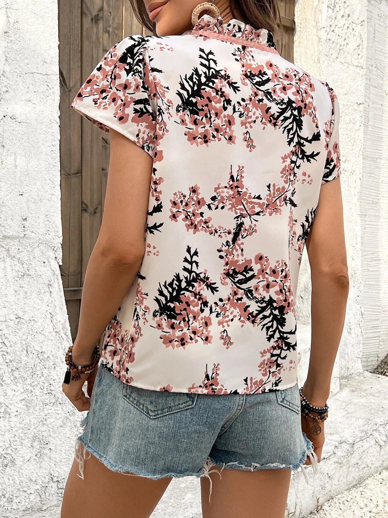 Floral Print Tie Neck Blouse for Effortless Style - MegaSuperStar
