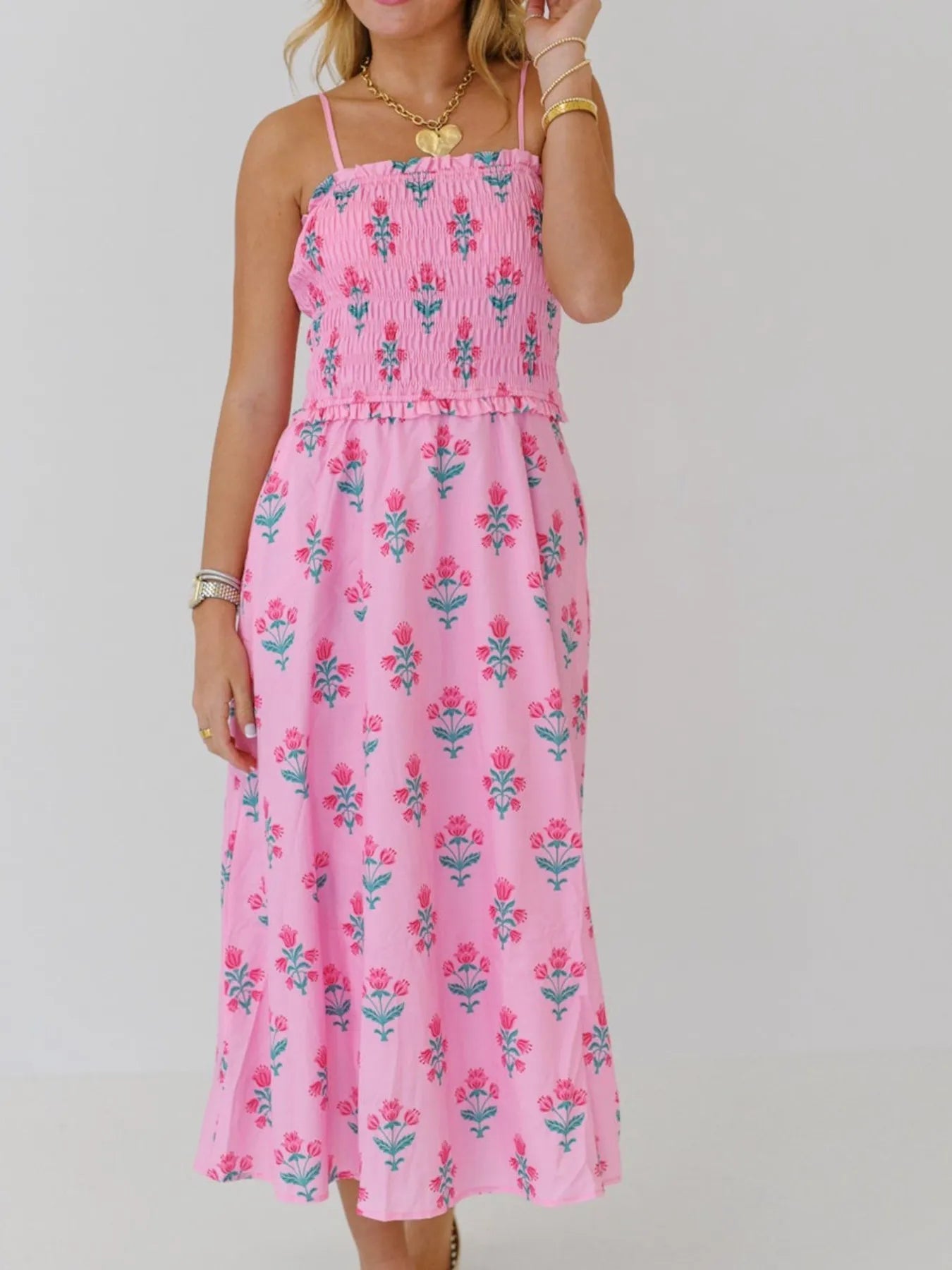 💖 Floral Smocked Midi Dress with Adjustable Straps - Perfect Summer Cami 💖 - MegaSuperStar
