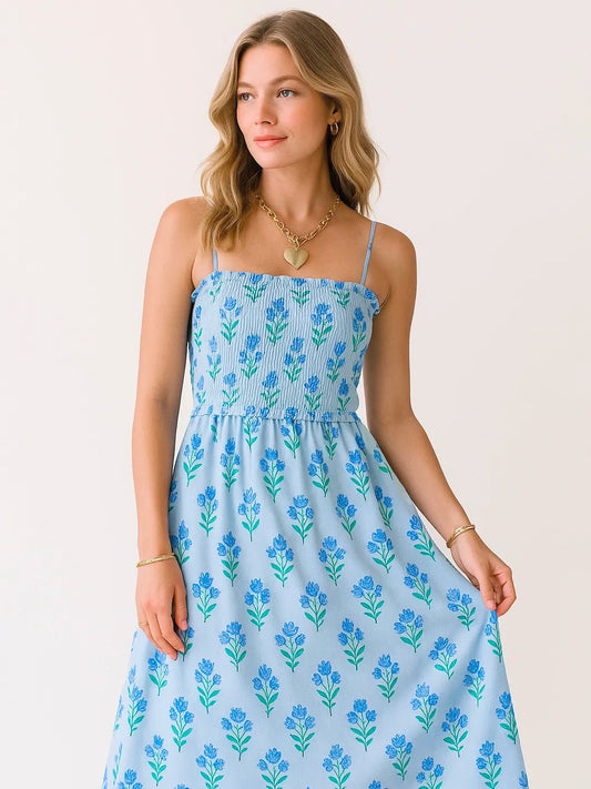 💖 Floral Smocked Midi Dress with Adjustable Straps - Perfect Summer Cami 💖 - MegaSuperStar