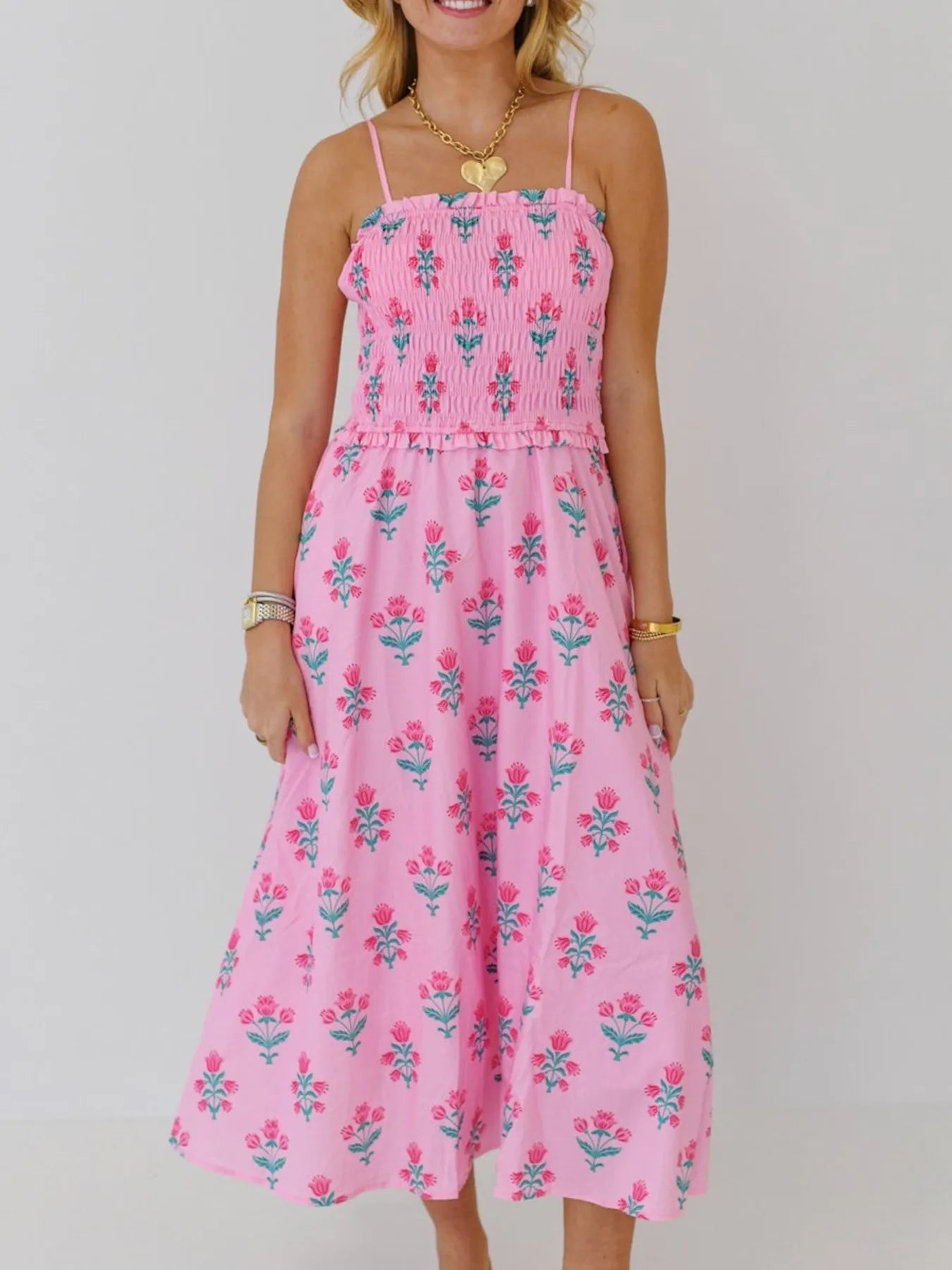 💖 Floral Smocked Midi Dress with Adjustable Straps - Perfect Summer Cami 💖 - MegaSuperStar