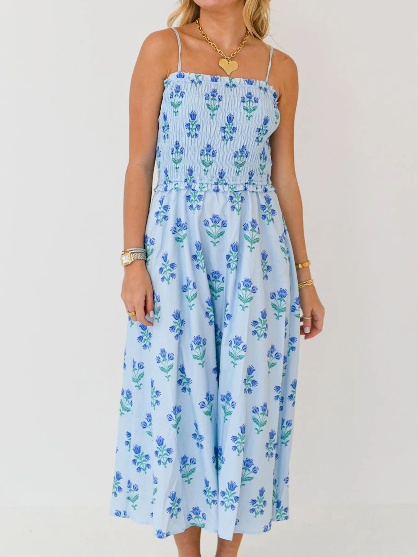 💖 Floral Smocked Midi Dress with Adjustable Straps - Perfect Summer Cami 💖 - MegaSuperStar