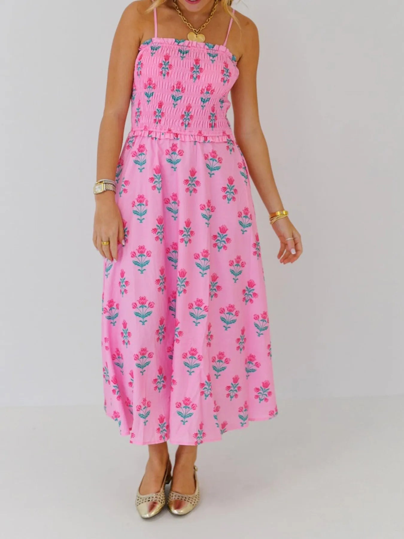 💖 Floral Smocked Midi Dress with Adjustable Straps - Perfect Summer Cami 💖 - MegaSuperStar