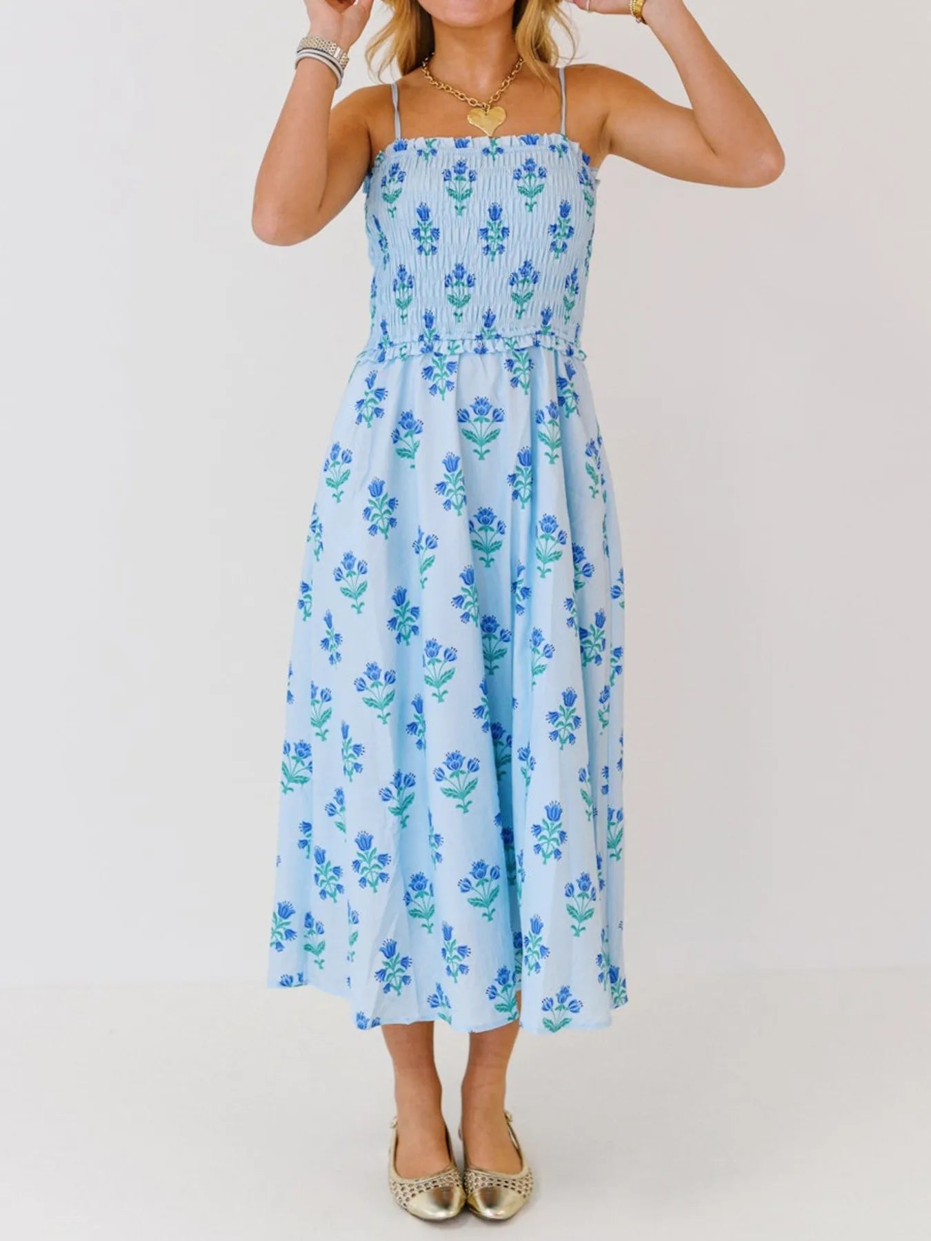 💖 Floral Smocked Midi Dress with Adjustable Straps - Perfect Summer Cami 💖 - MegaSuperStar