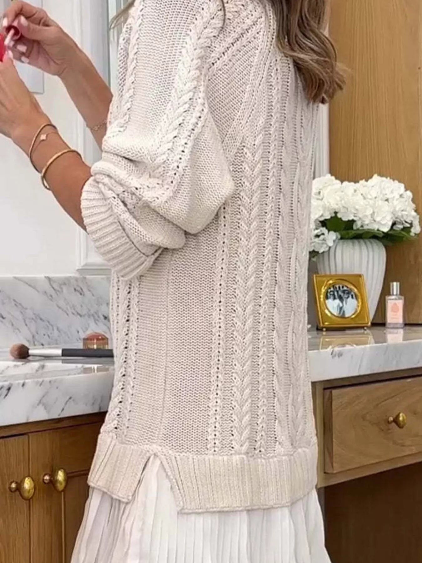 Full Size Cable Knit Pleated Hem Sweater Dress Plus Size - MegaSuperStar