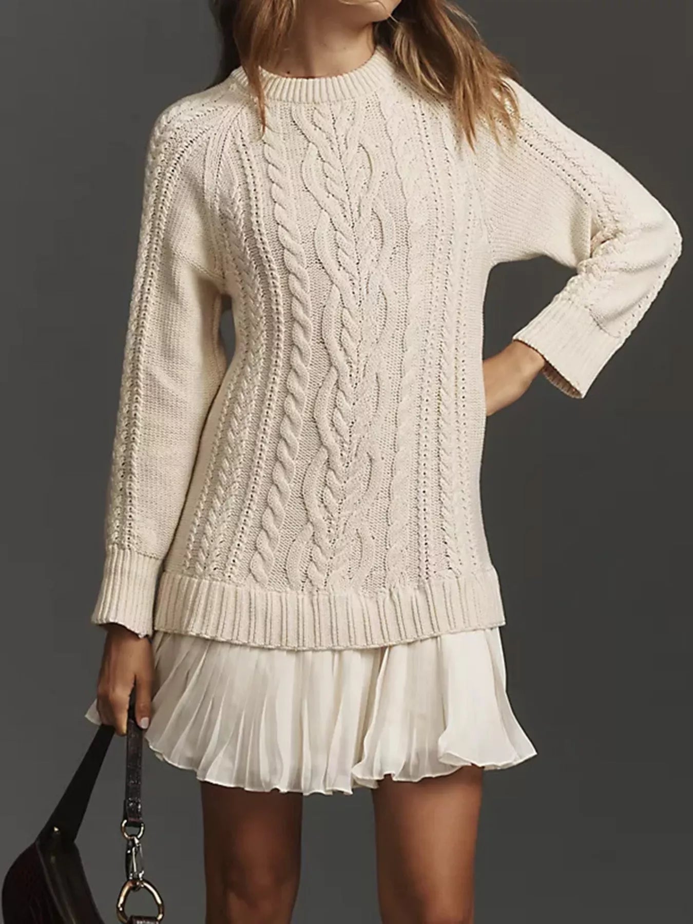 Full Size Cable Knit Pleated Hem Sweater Dress Plus Size - MegaSuperStar