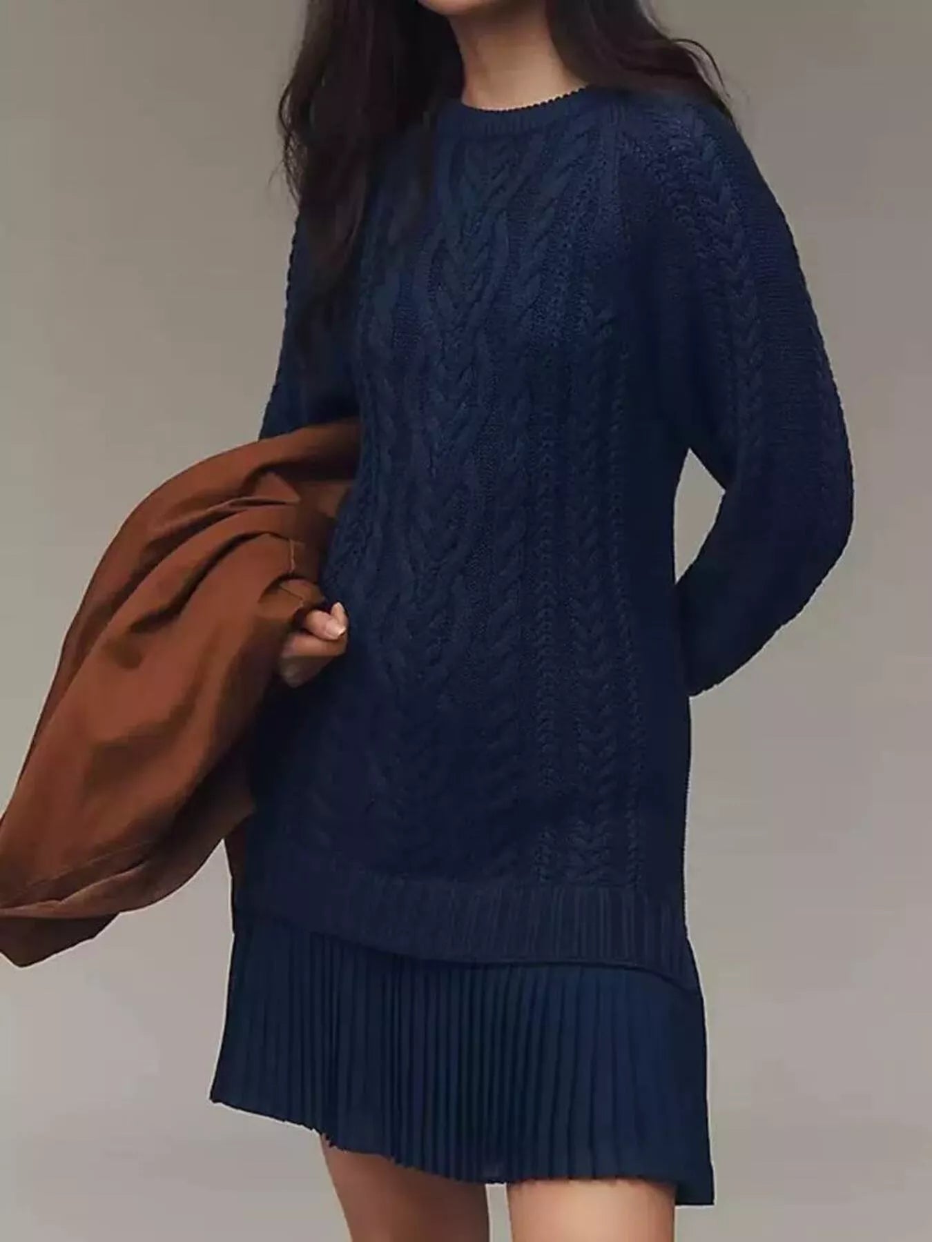 Full Size Cable Knit Pleated Hem Sweater Dress Plus Size - MegaSuperStar