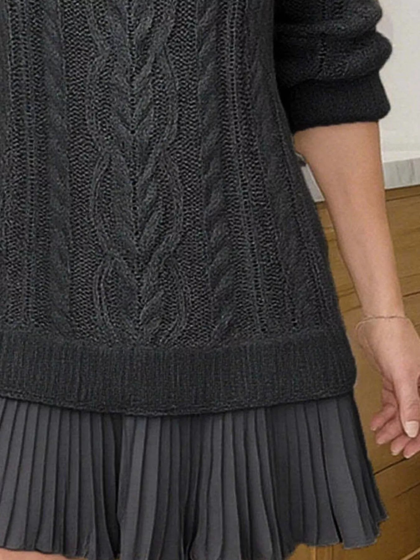Full Size Cable Knit Pleated Hem Sweater Dress Plus Size - MegaSuperStar