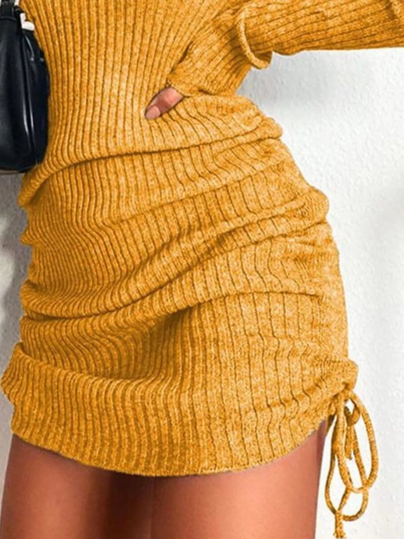 Full Size Ribbed Knit Drawstring Bodycon Sweater Dress Plus Size - MegaSuperStar