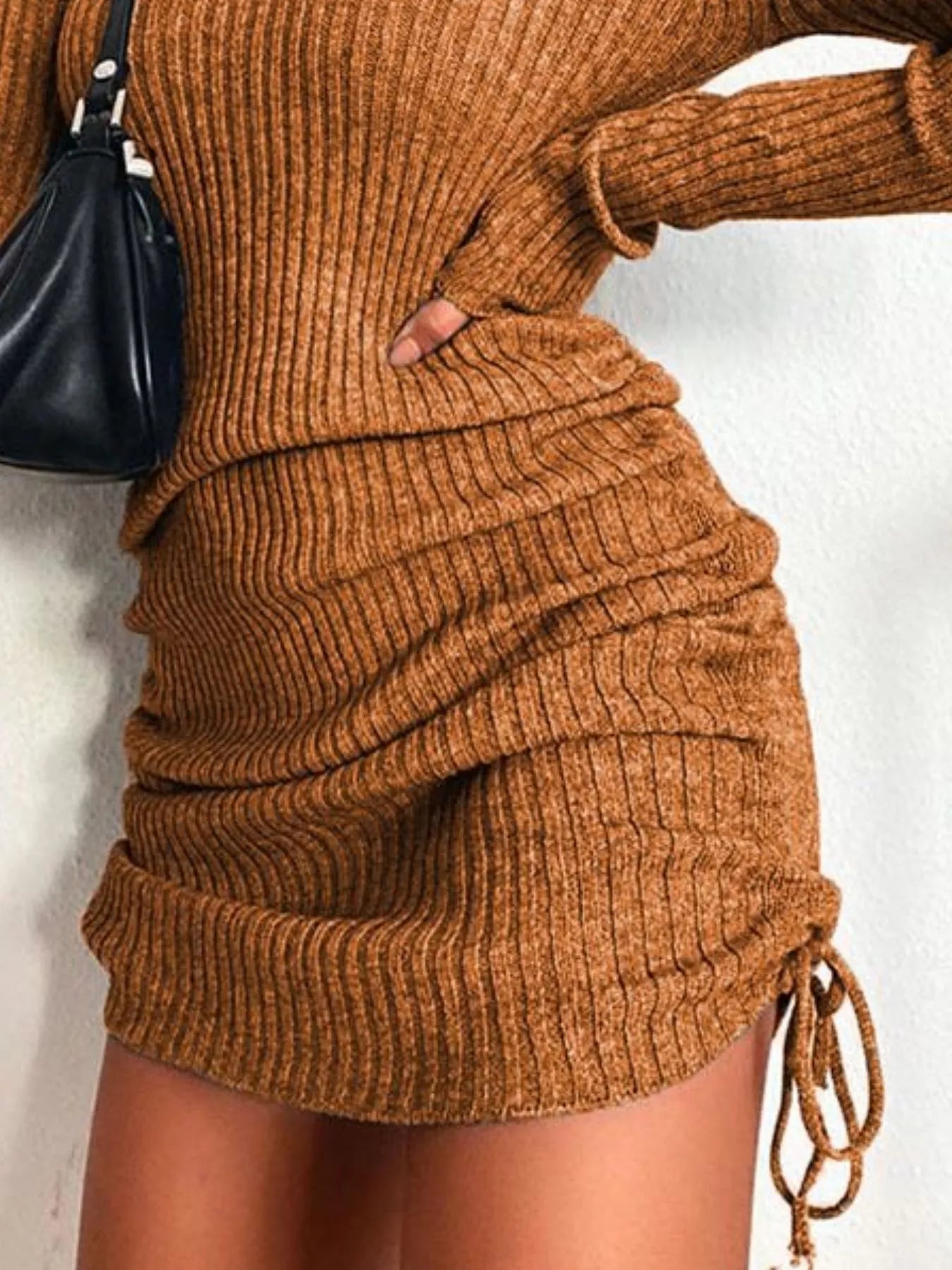 Full Size Ribbed Knit Drawstring Bodycon Sweater Dress Plus Size - MegaSuperStar