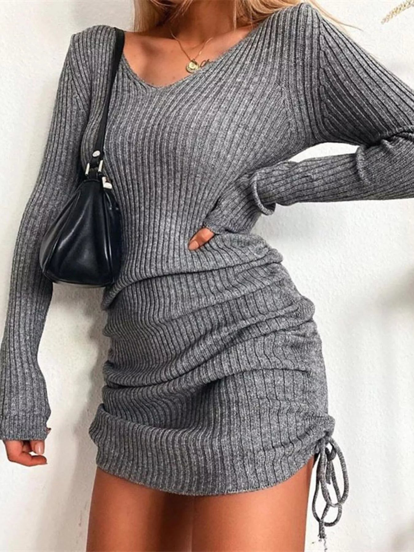 Full Size Ribbed Knit Drawstring Bodycon Sweater Dress Plus Size - MegaSuperStar