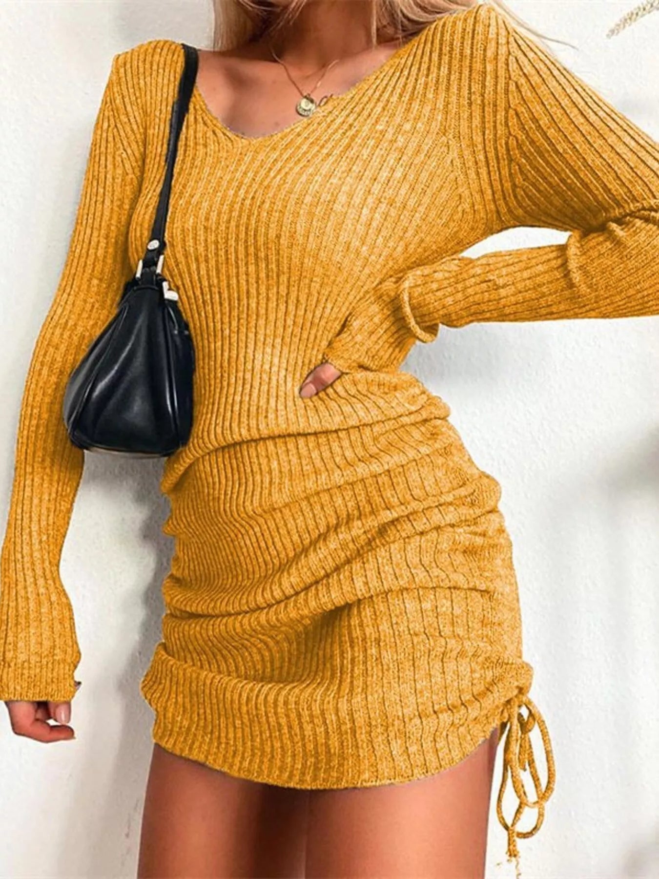Full Size Ribbed Knit Drawstring Bodycon Sweater Dress Plus Size - MegaSuperStar