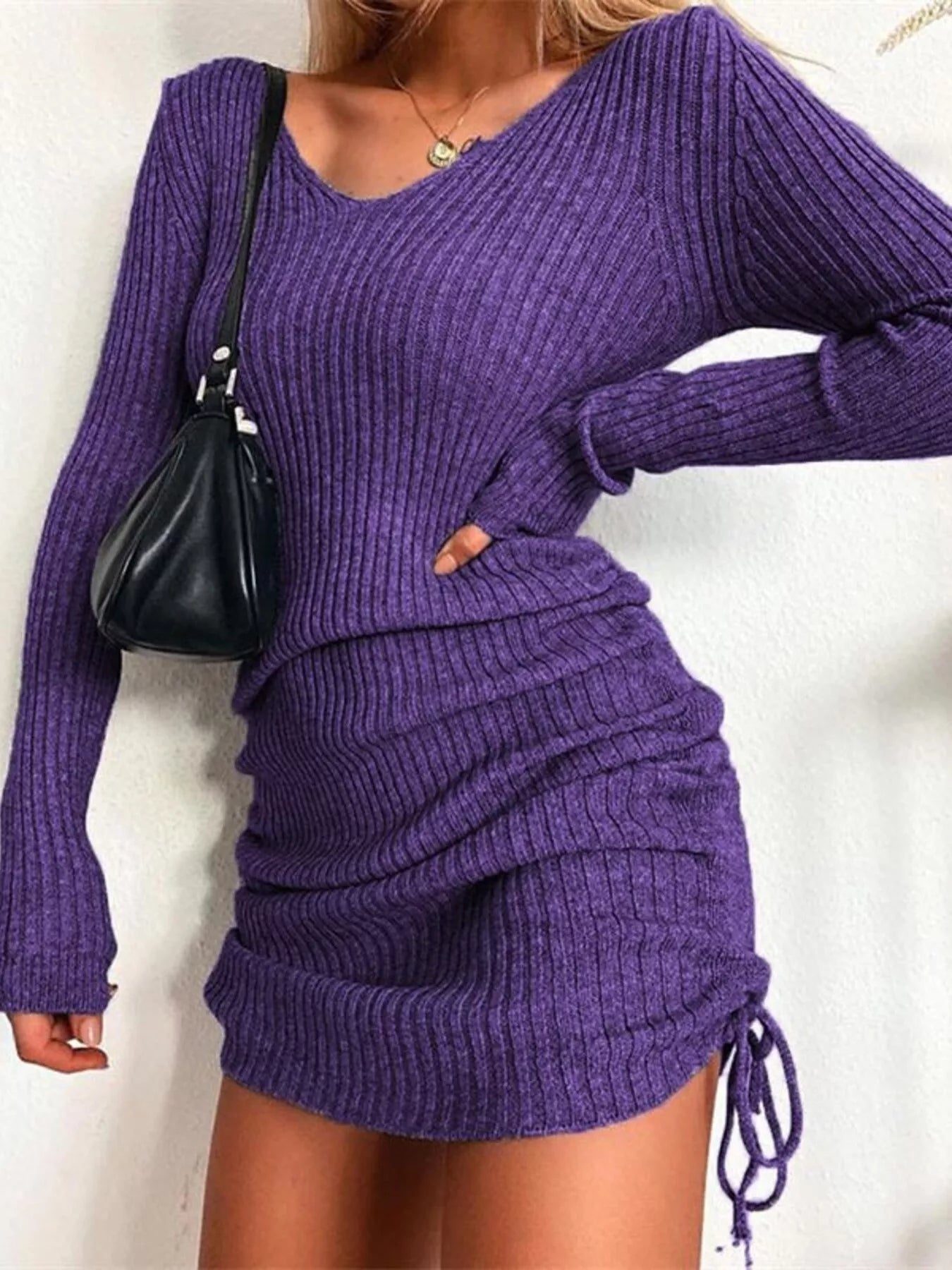Full Size Ribbed Knit Drawstring Bodycon Sweater Dress Plus Size - MegaSuperStar