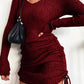 Full Size Ribbed Knit Drawstring Bodycon Sweater Dress Plus Size - MegaSuperStar