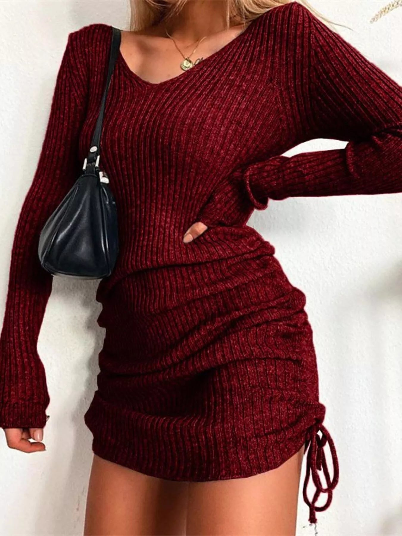 Full Size Ribbed Knit Drawstring Bodycon Sweater Dress Plus Size - MegaSuperStar