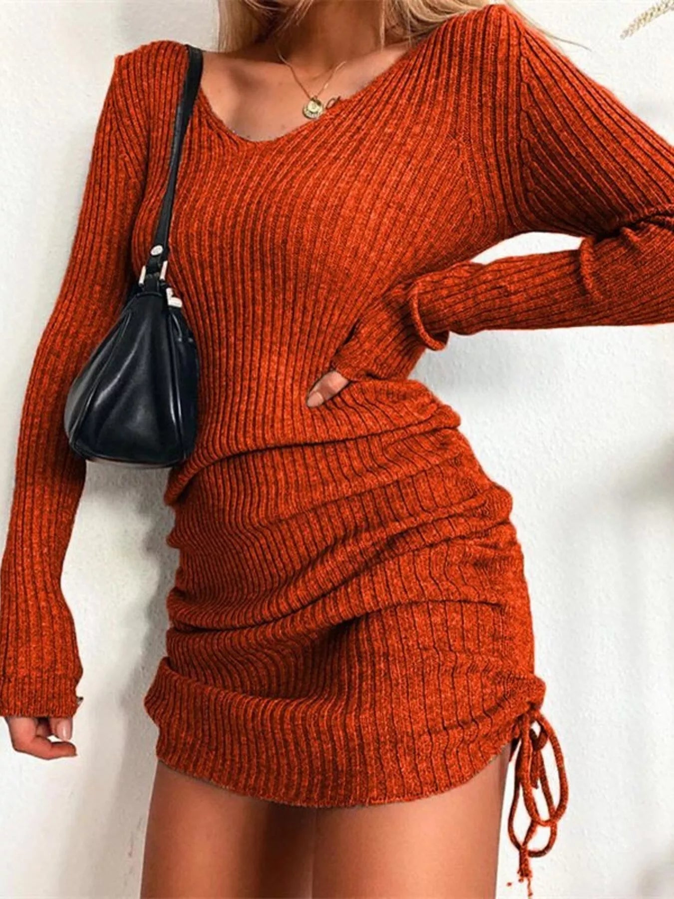Full Size Ribbed Knit Drawstring Bodycon Sweater Dress Plus Size - MegaSuperStar