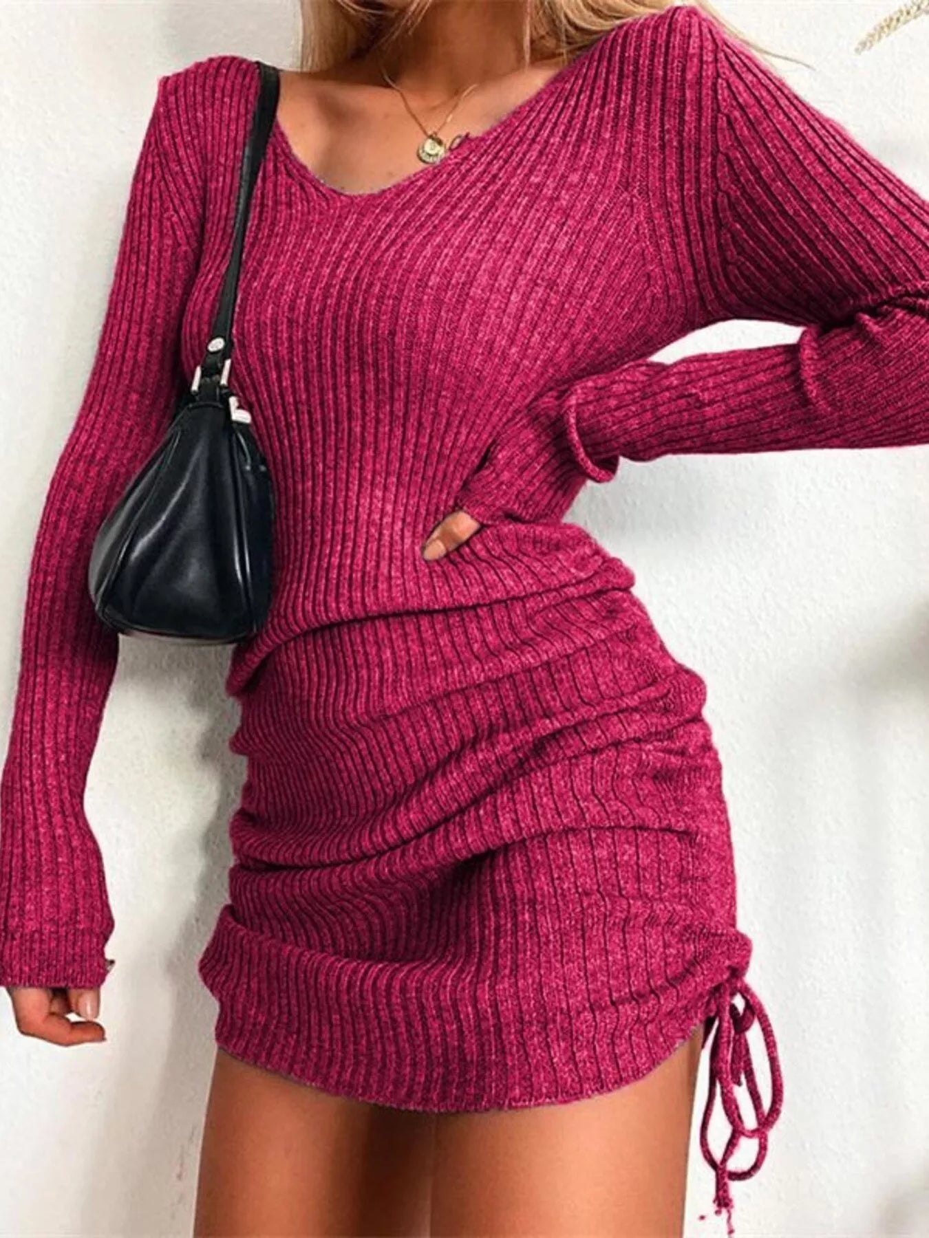 Full Size Ribbed Knit Drawstring Bodycon Sweater Dress Plus Size - MegaSuperStar