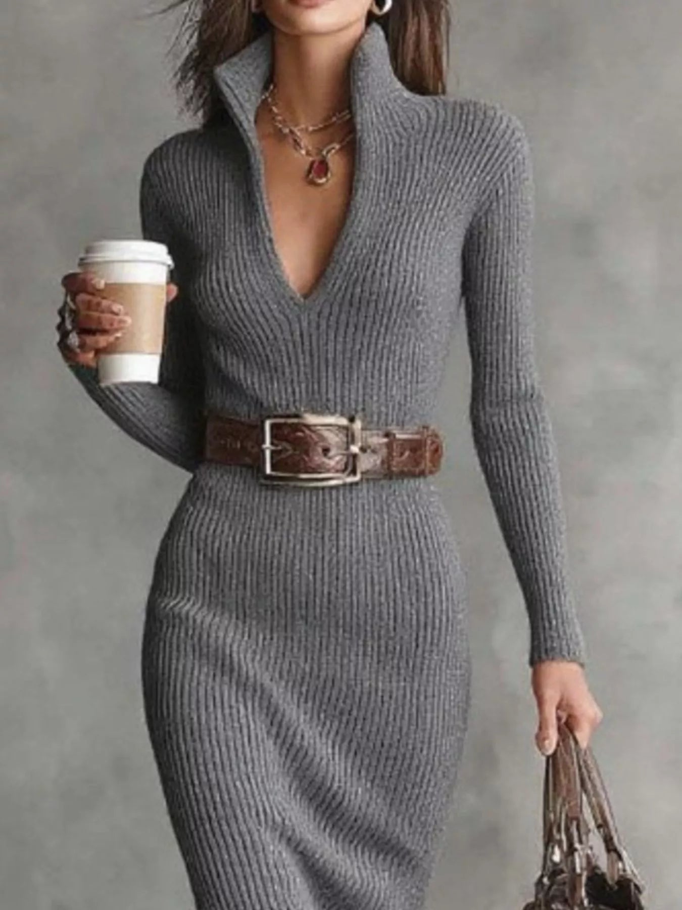 Full Size Ribbed Knit Turtleneck Sweater Dress Plus Size - MegaSuperStar