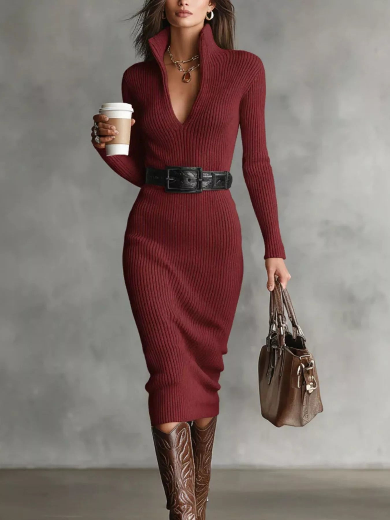 Full Size Ribbed Knit Turtleneck Sweater Dress Plus Size - MegaSuperStar
