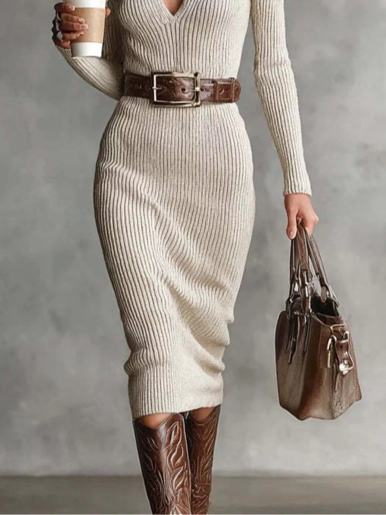 Full Size Ribbed Knit Turtleneck Sweater Dress Plus Size - MegaSuperStar