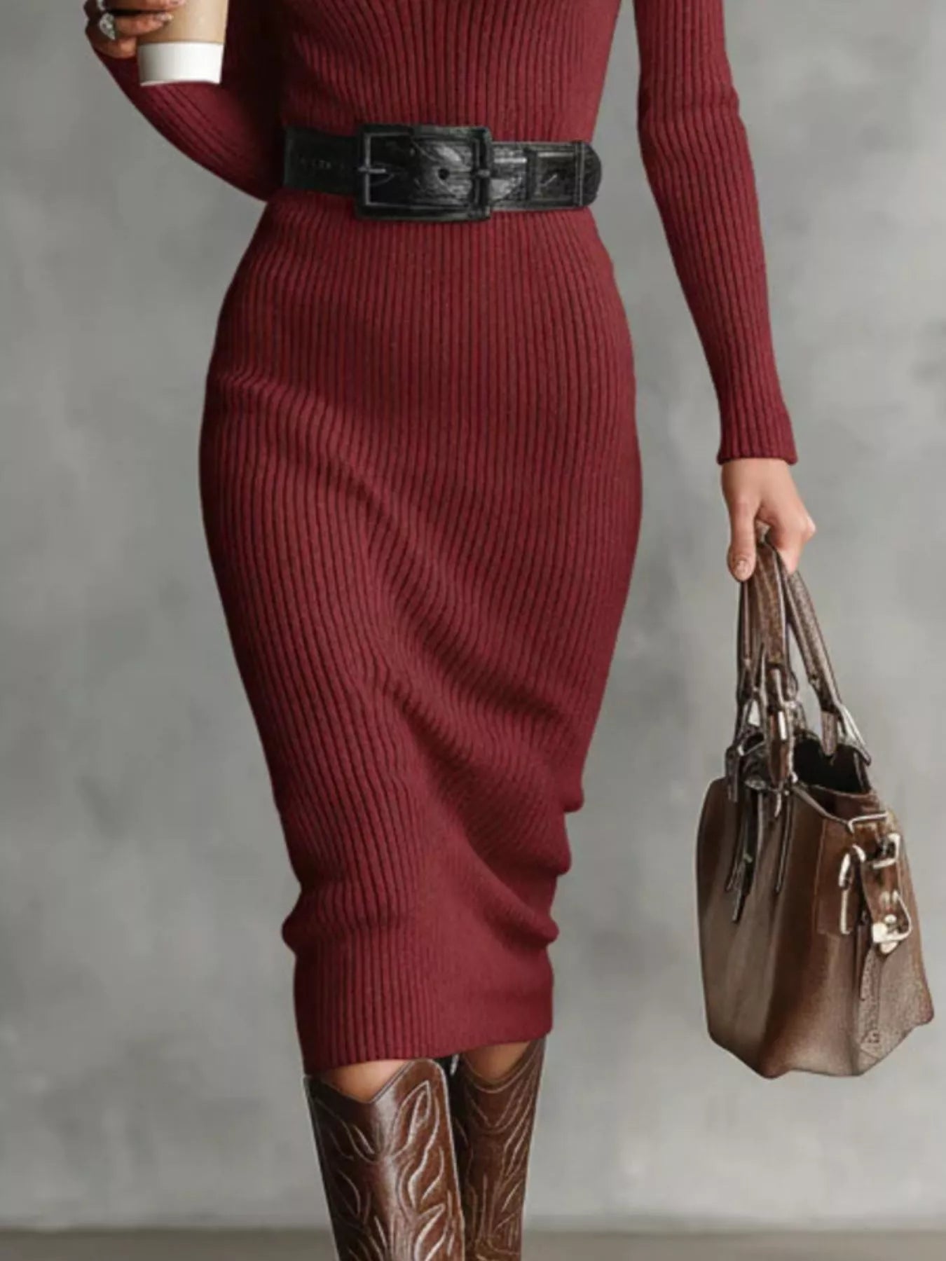 Full Size Ribbed Knit Turtleneck Sweater Dress Plus Size - MegaSuperStar