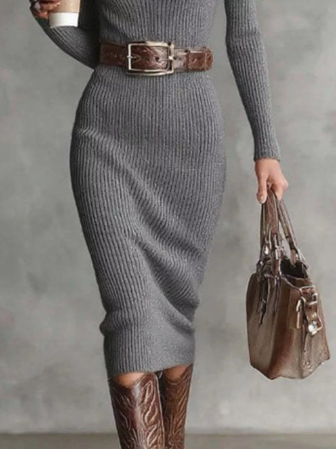 Full Size Ribbed Knit Turtleneck Sweater Dress Plus Size - MegaSuperStar