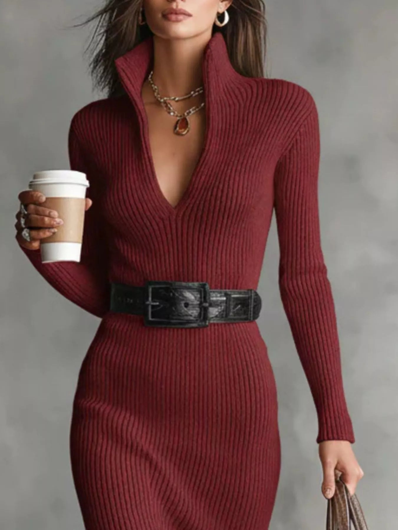 Full Size Ribbed Knit Turtleneck Sweater Dress Plus Size - MegaSuperStar