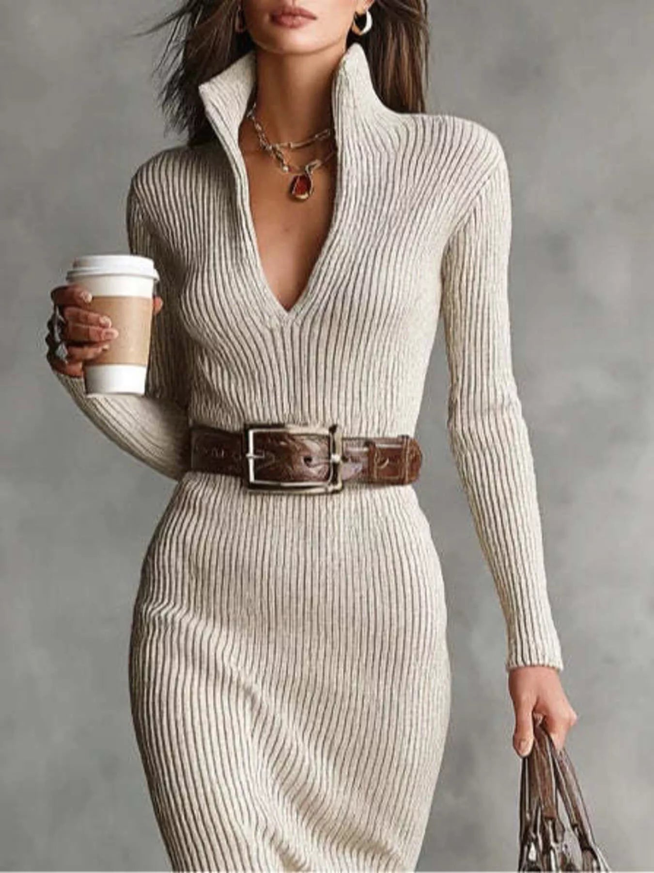 Full Size Ribbed Knit Turtleneck Sweater Dress Plus Size - MegaSuperStar