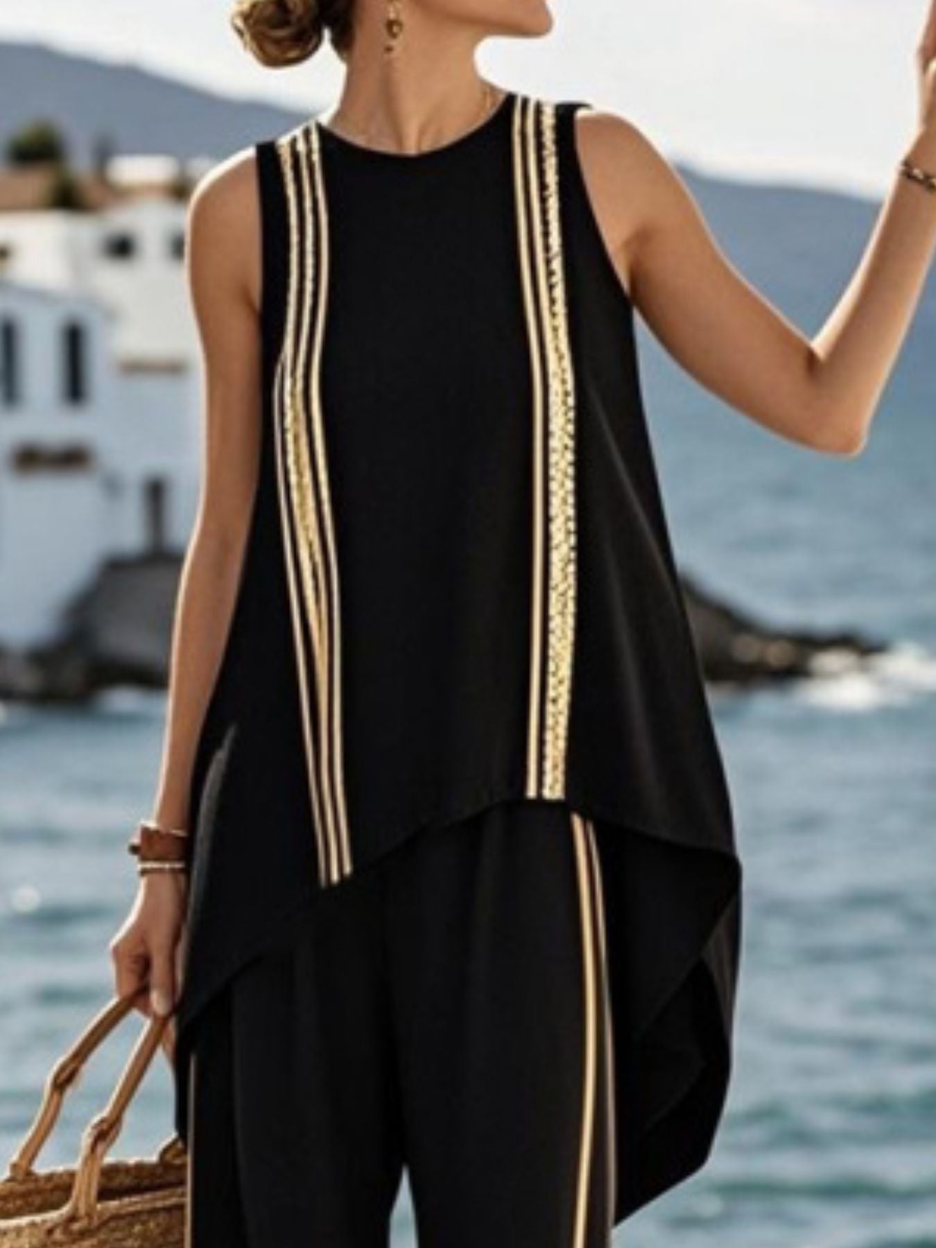 Full Size Striped Sleeveless Top and Pants Plus Size - MegaSuperStar