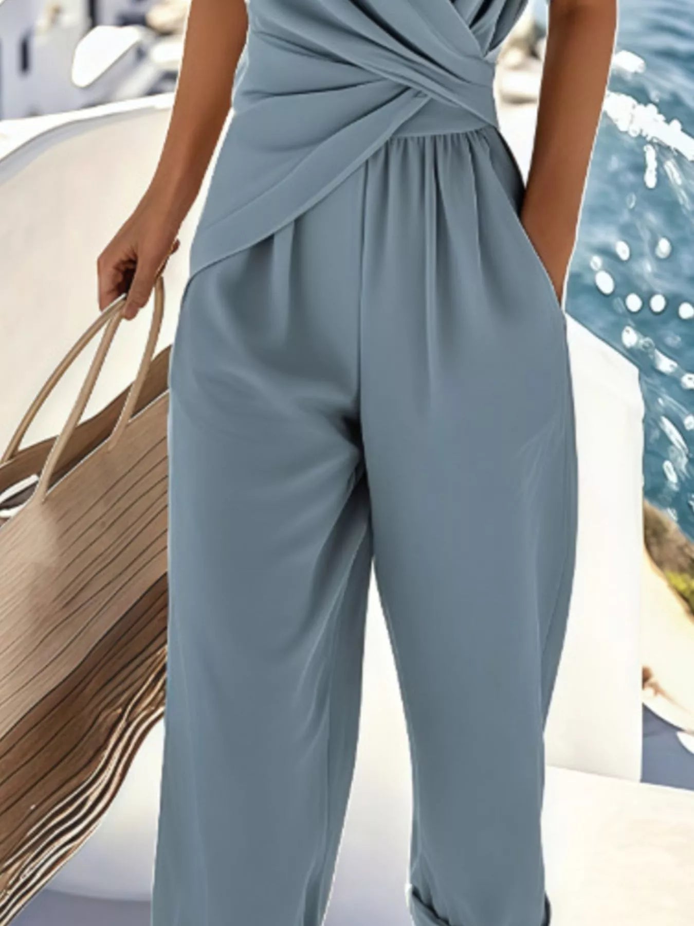 Full Size Surplice Short Sleeve Top and Pants Set Plus Size - MegaSuperStar