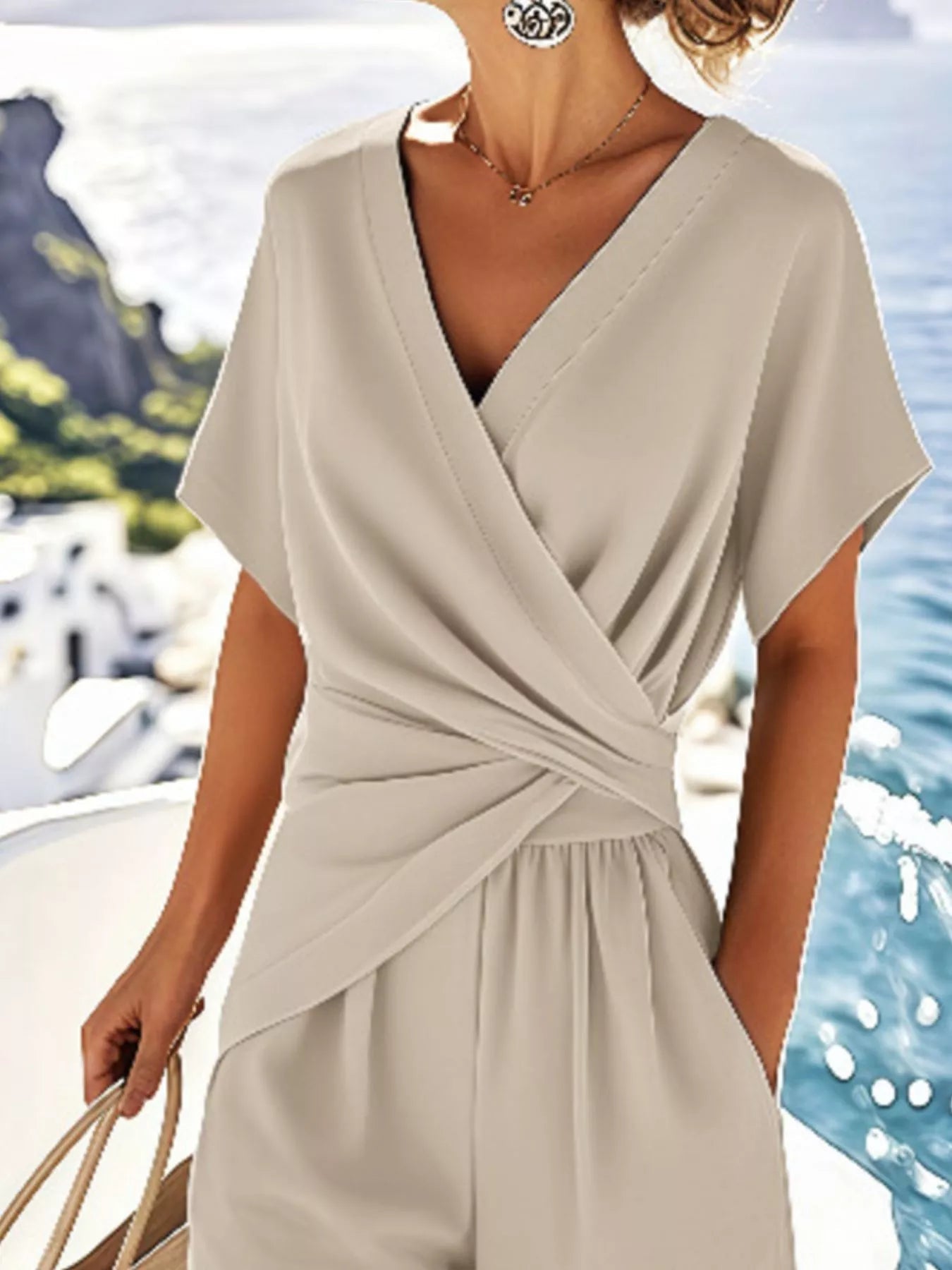Full Size Surplice Short Sleeve Top and Pants Set Plus Size - MegaSuperStar