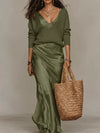 Full Size V-Neck Sweater and Satin Maxi Dress Two-Piece Set Plus Size thumbnail