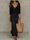 Full Size V-Neck Sweater and Satin Maxi Dress Two-Piece Set Plus Size thumbnail