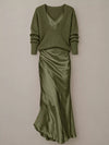 Full Size V-Neck Sweater and Satin Maxi Dress Two-Piece Set Plus Size thumbnail