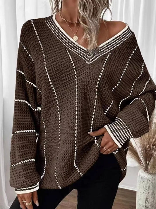 Full Size V - Neck Textured Knit Sweater Plus Size - MegaSuperStar