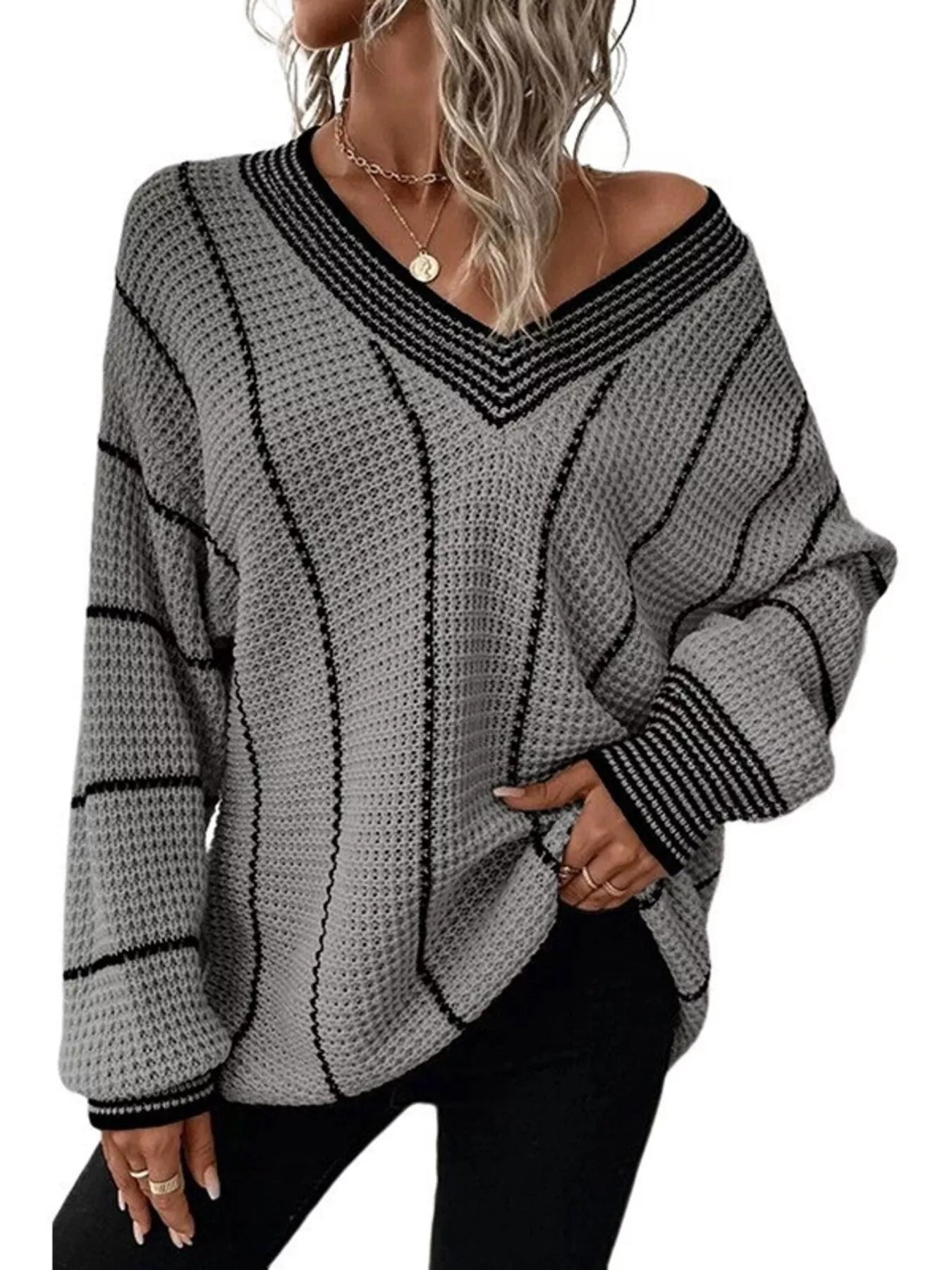 Full Size V - Neck Textured Knit Sweater Plus Size - MegaSuperStar