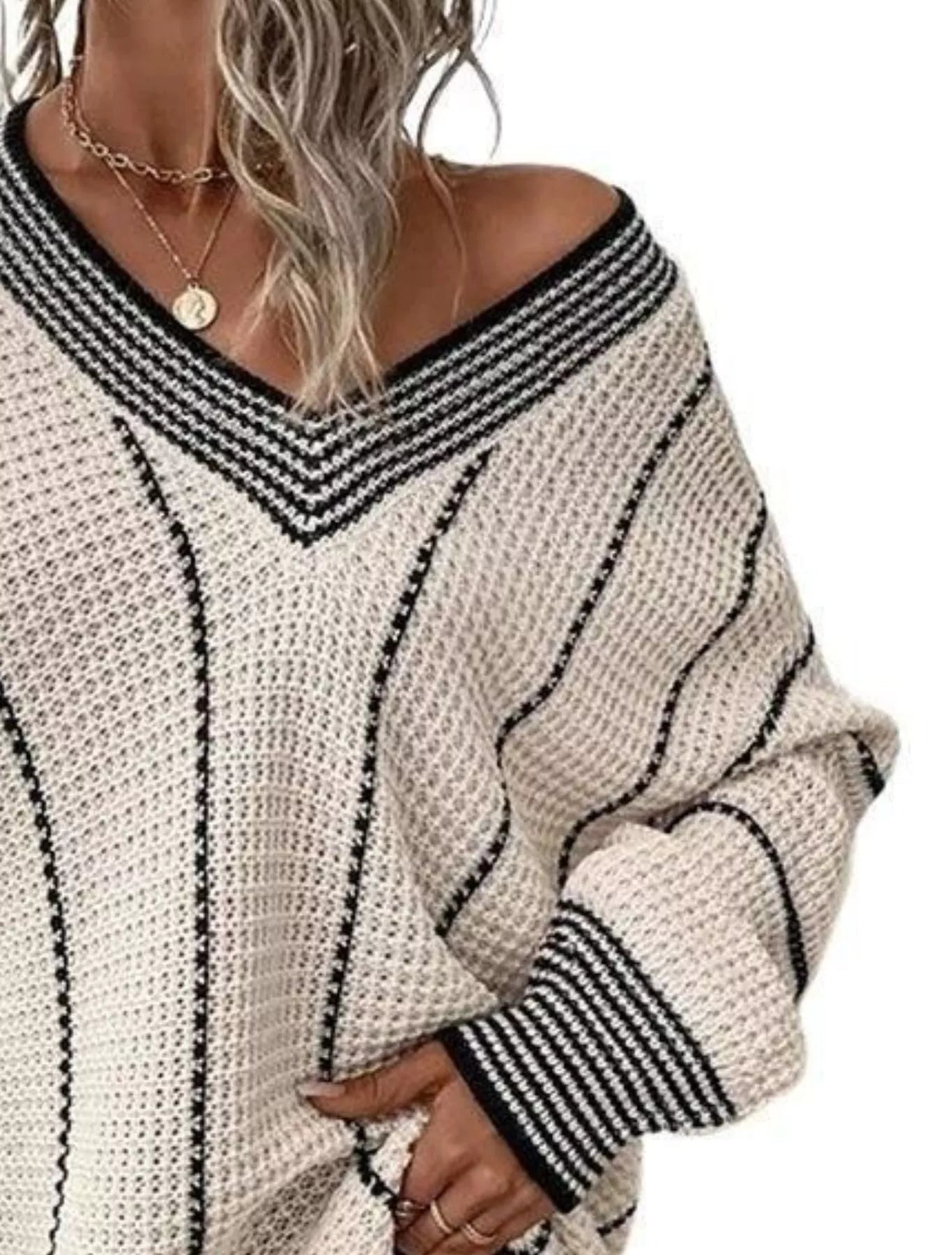 Full Size V - Neck Textured Knit Sweater Plus Size - MegaSuperStar