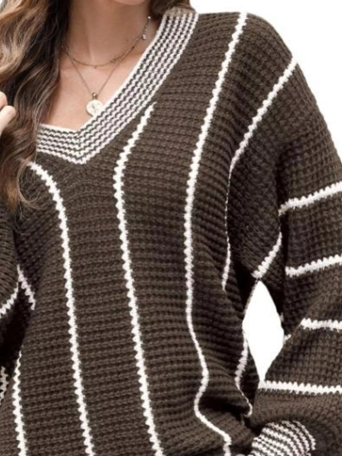 Full Size V - Neck Textured Knit Sweater Plus Size - MegaSuperStar