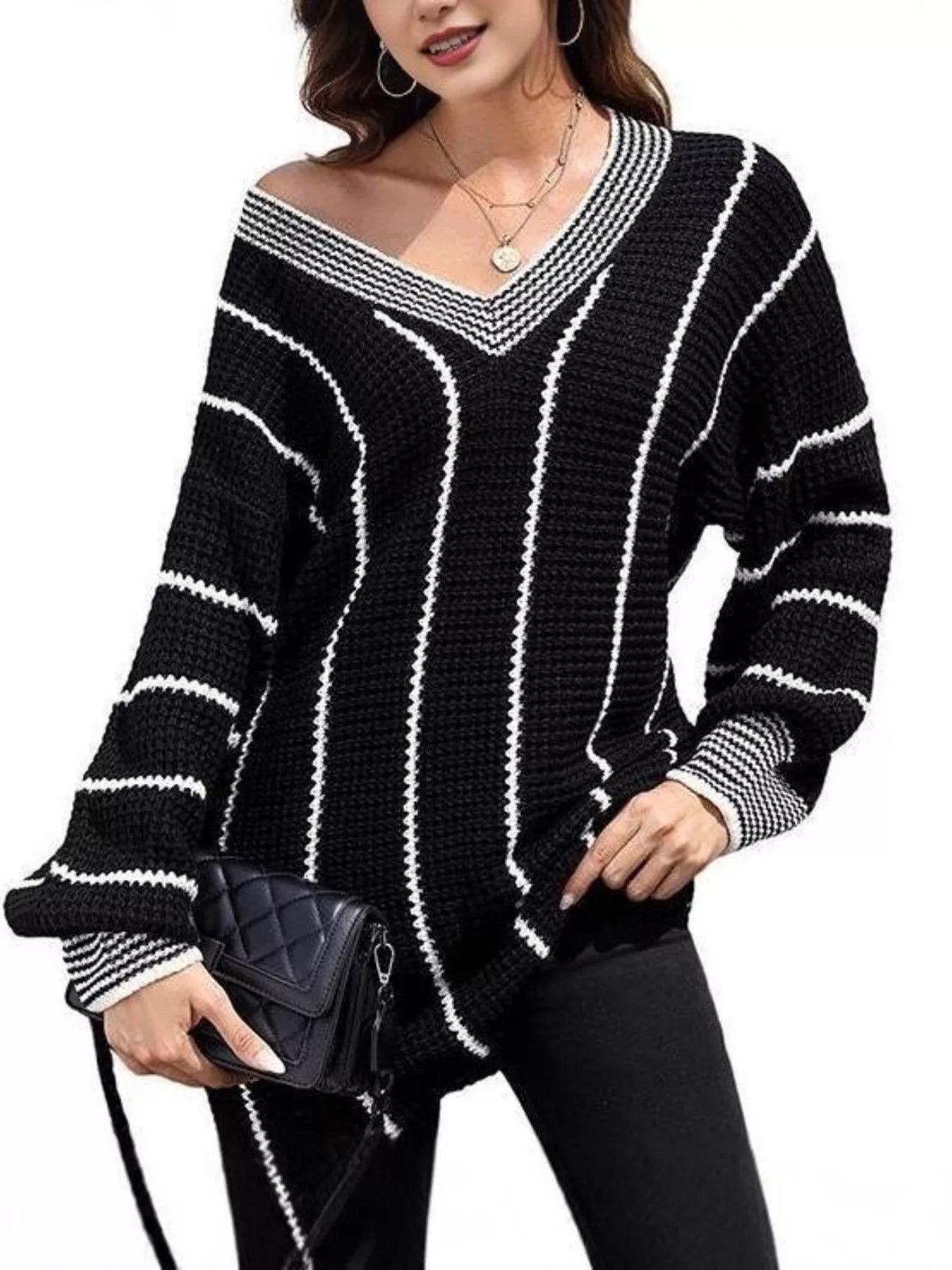 Full Size V - Neck Textured Knit Sweater Plus Size - MegaSuperStar