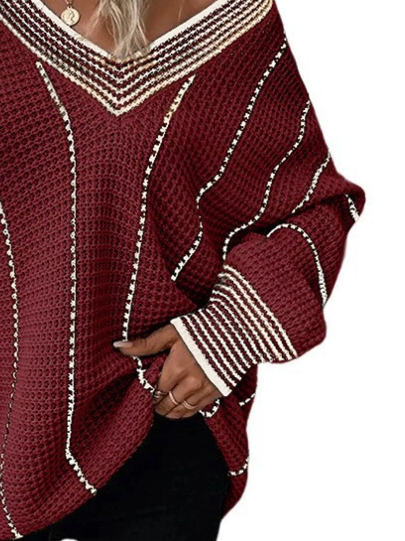 Full Size V - Neck Textured Knit Sweater Plus Size - MegaSuperStar
