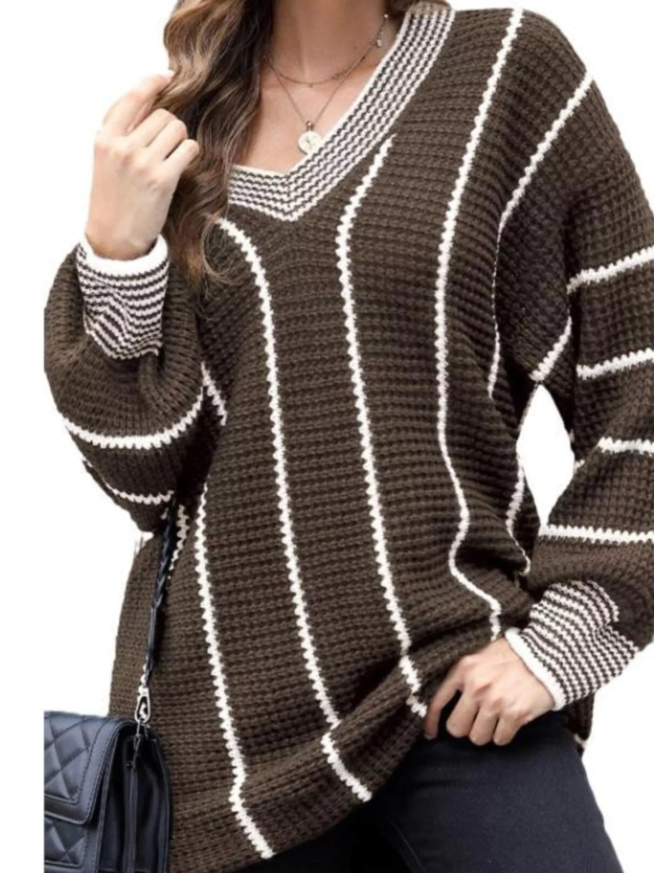 Full Size V - Neck Textured Knit Sweater Plus Size - MegaSuperStar