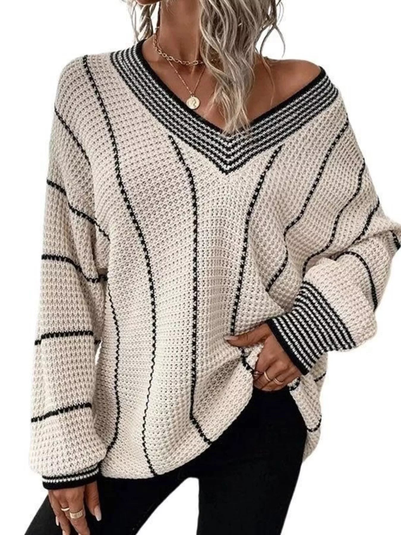 Full Size V - Neck Textured Knit Sweater Plus Size - MegaSuperStar