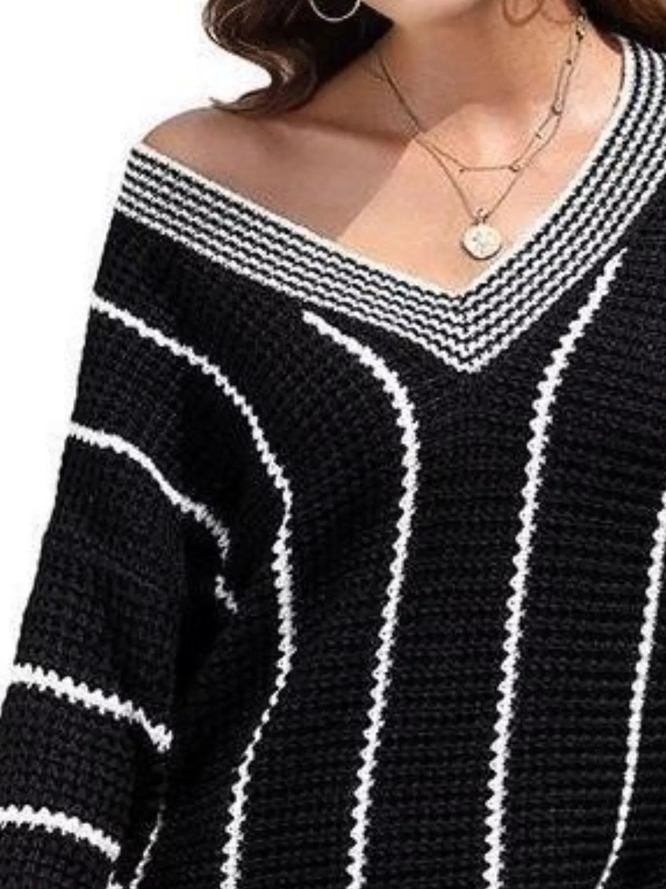 Full Size V - Neck Textured Knit Sweater Plus Size - MegaSuperStar
