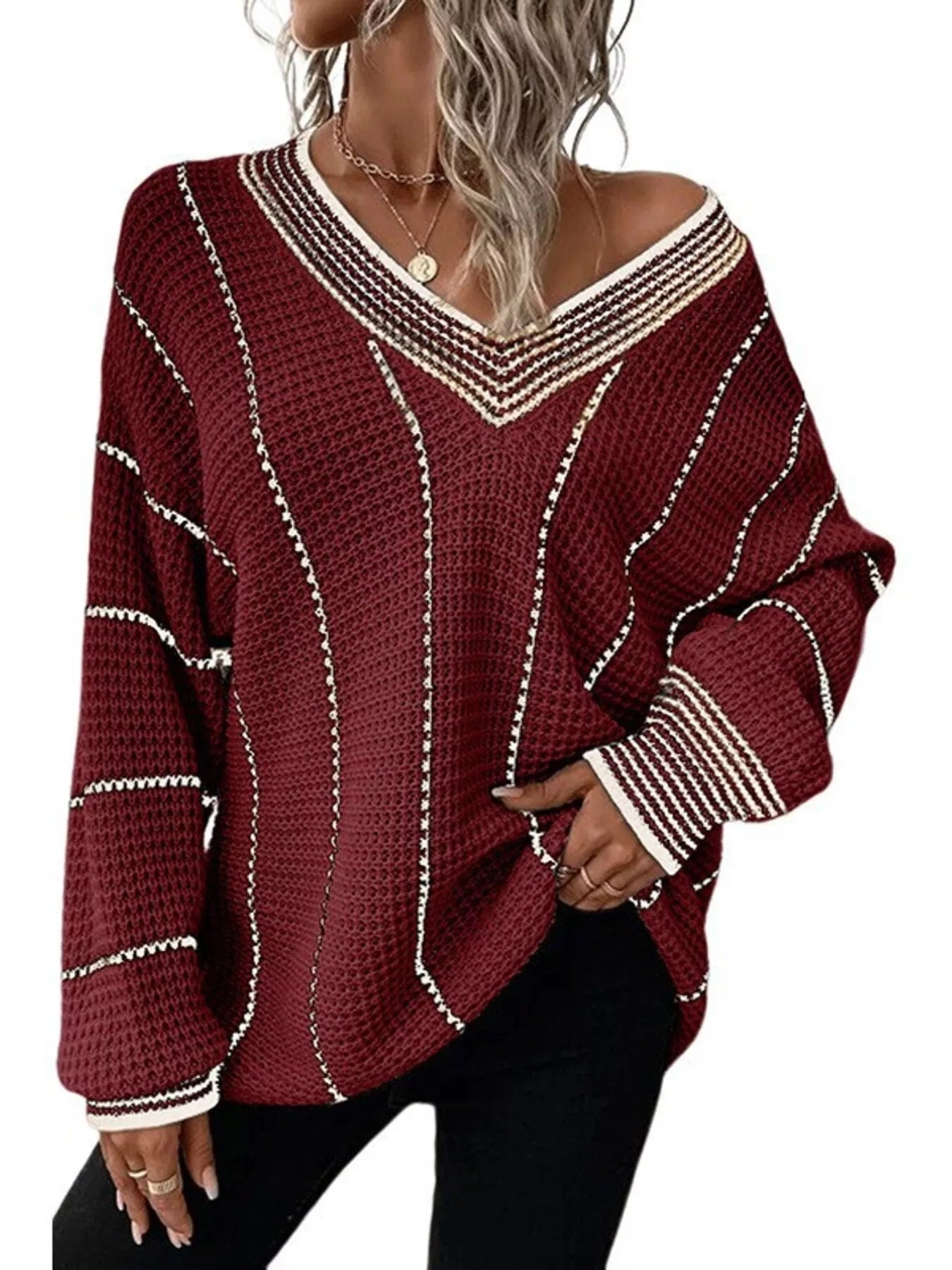 Full Size V - Neck Textured Knit Sweater Plus Size - MegaSuperStar