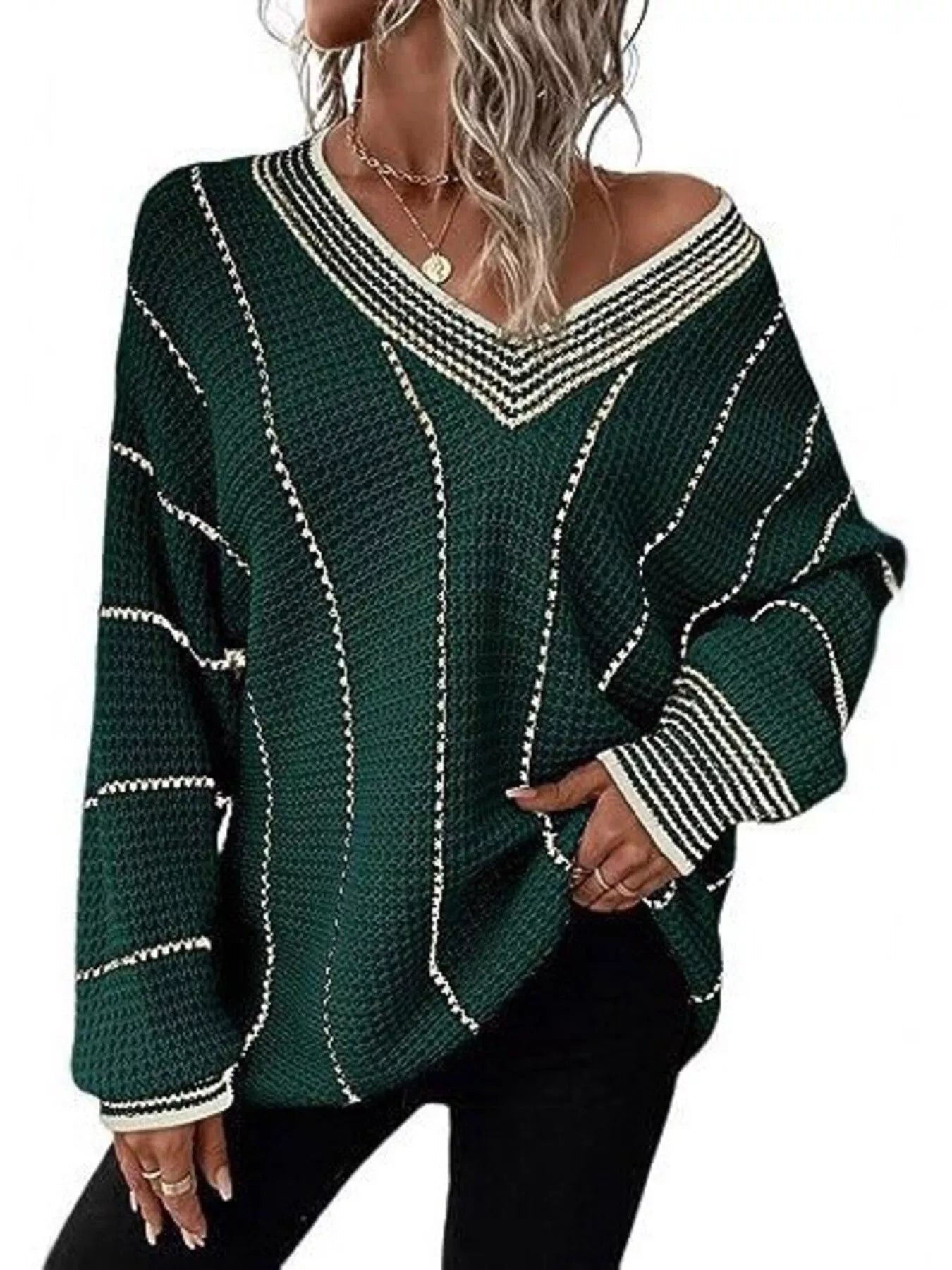 Full Size V - Neck Textured Knit Sweater Plus Size - MegaSuperStar