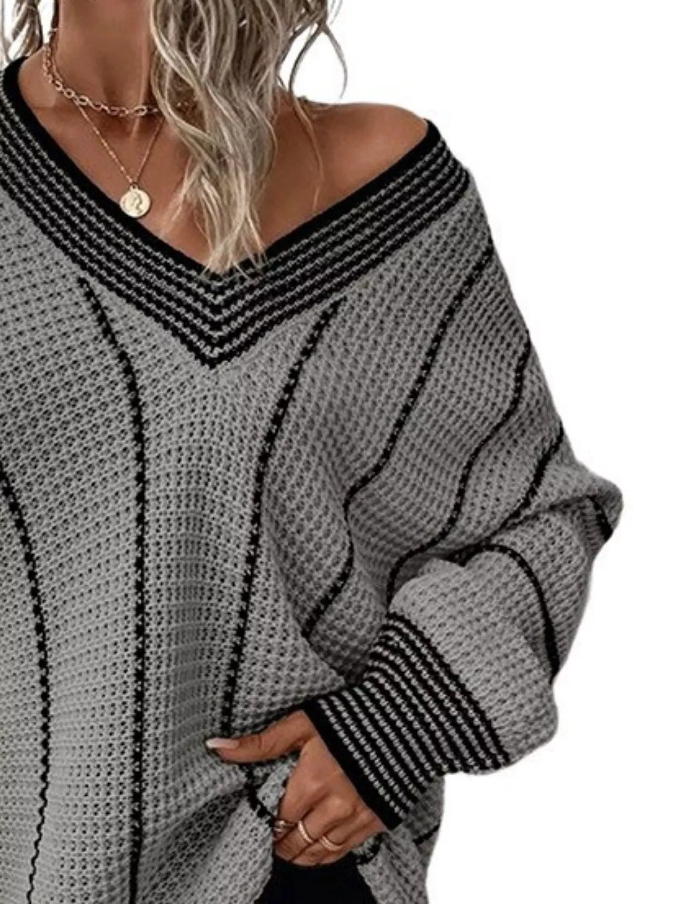 Full Size V - Neck Textured Knit Sweater Plus Size - MegaSuperStar
