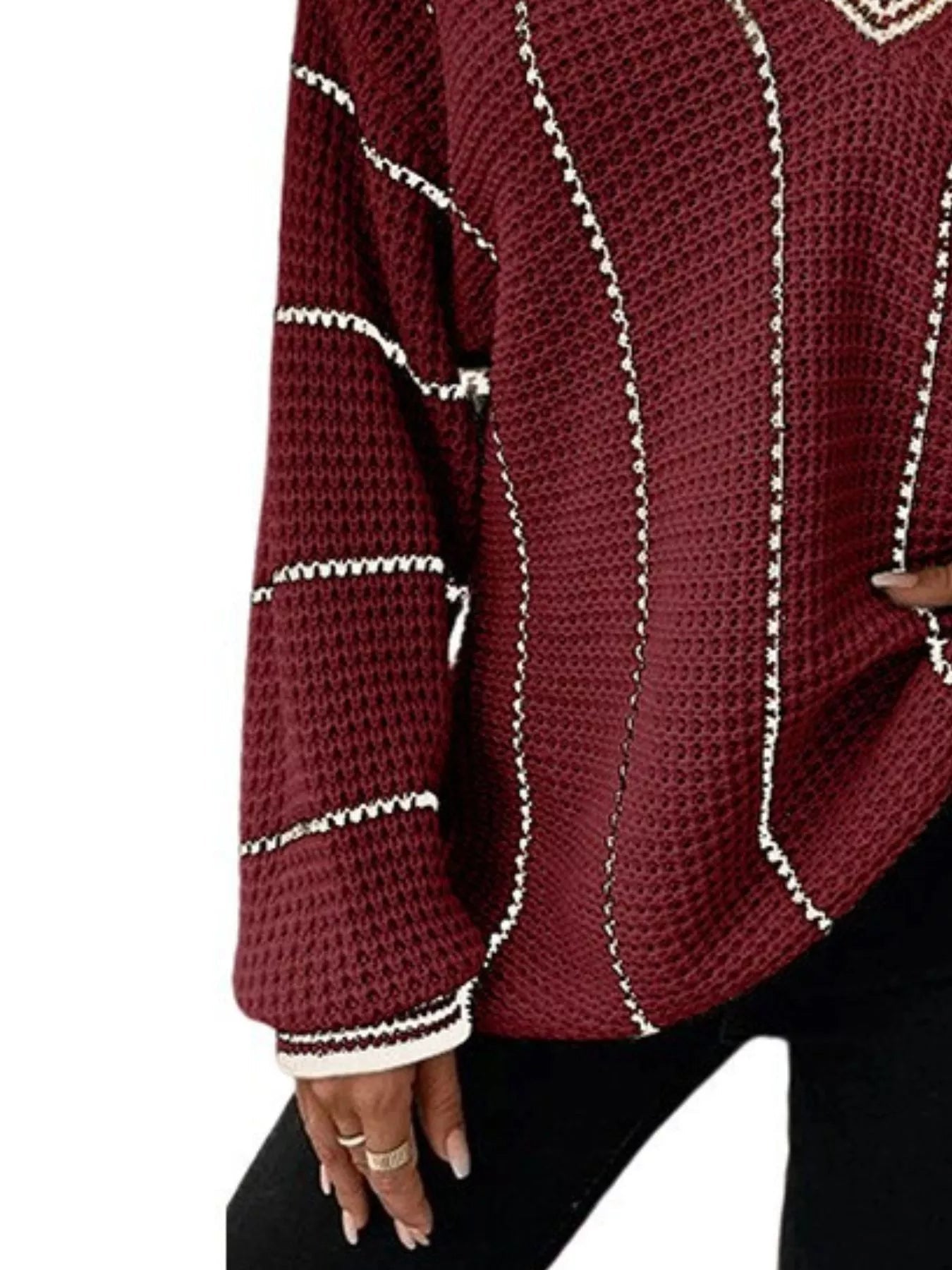 Full Size V - Neck Textured Knit Sweater Plus Size - MegaSuperStar