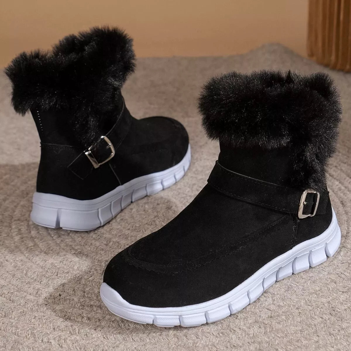 Fuzzy Trim Buckle Boots - MegaSuperStar