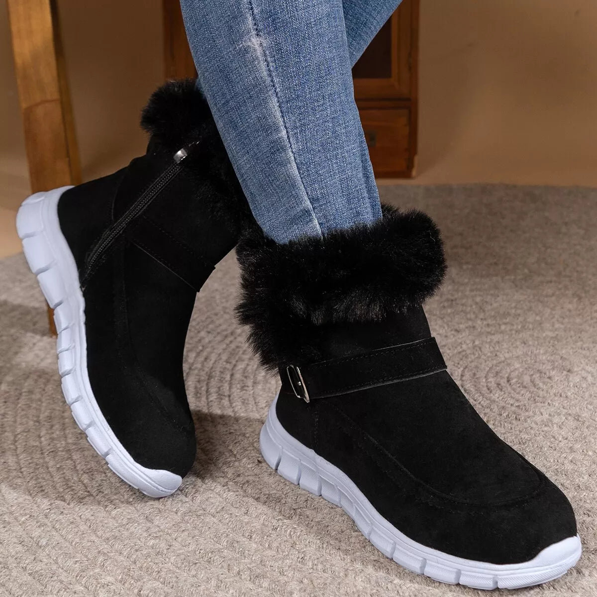 Fuzzy Trim Buckle Boots - MegaSuperStar