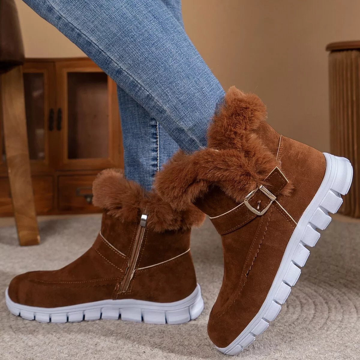 Fuzzy Trim Buckle Boots - MegaSuperStar