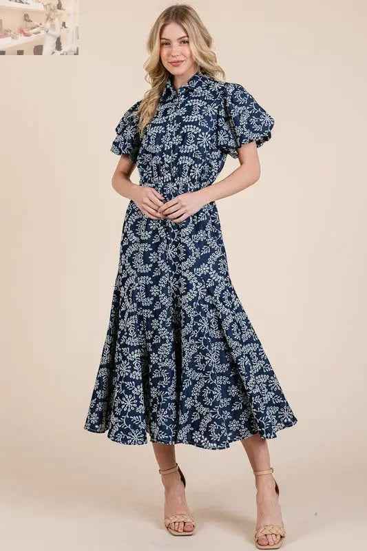 GeeGee Leaf Pattern Eyelet Lace Dress with Puff Sleeves - MegaSuperStar
